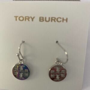 New Tory Burch Silver French Wire Logo Earings